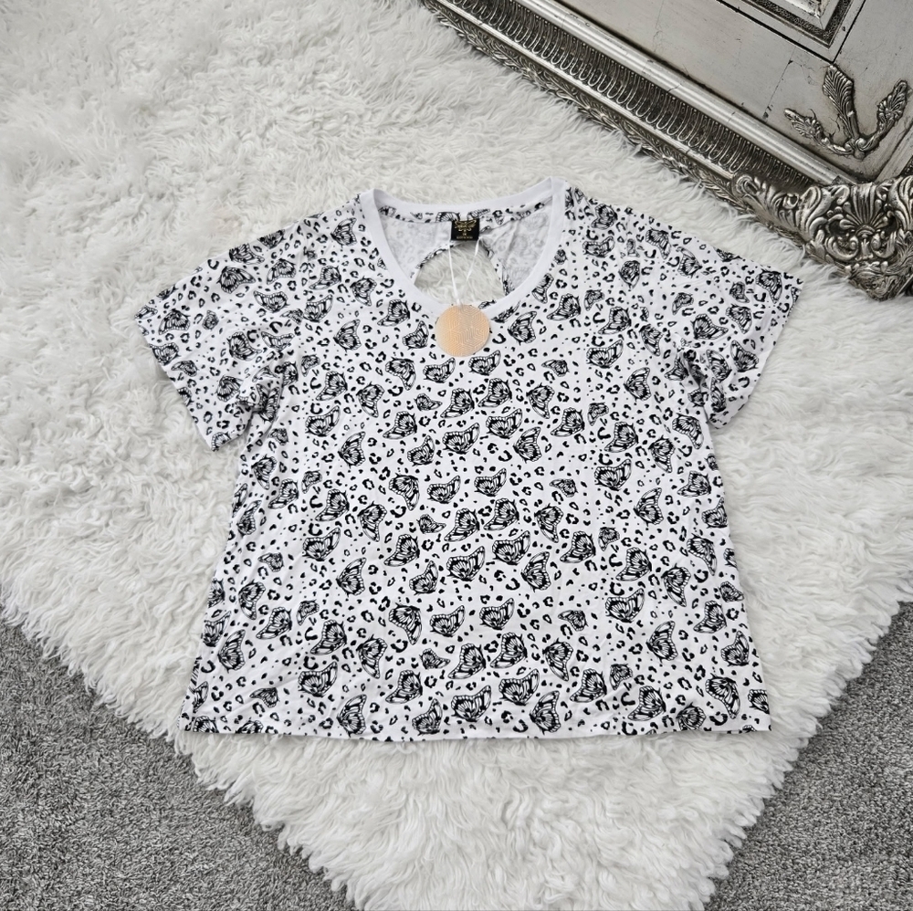 Laila Ali Butterfly Print Black & White Top. Size 1X. New.